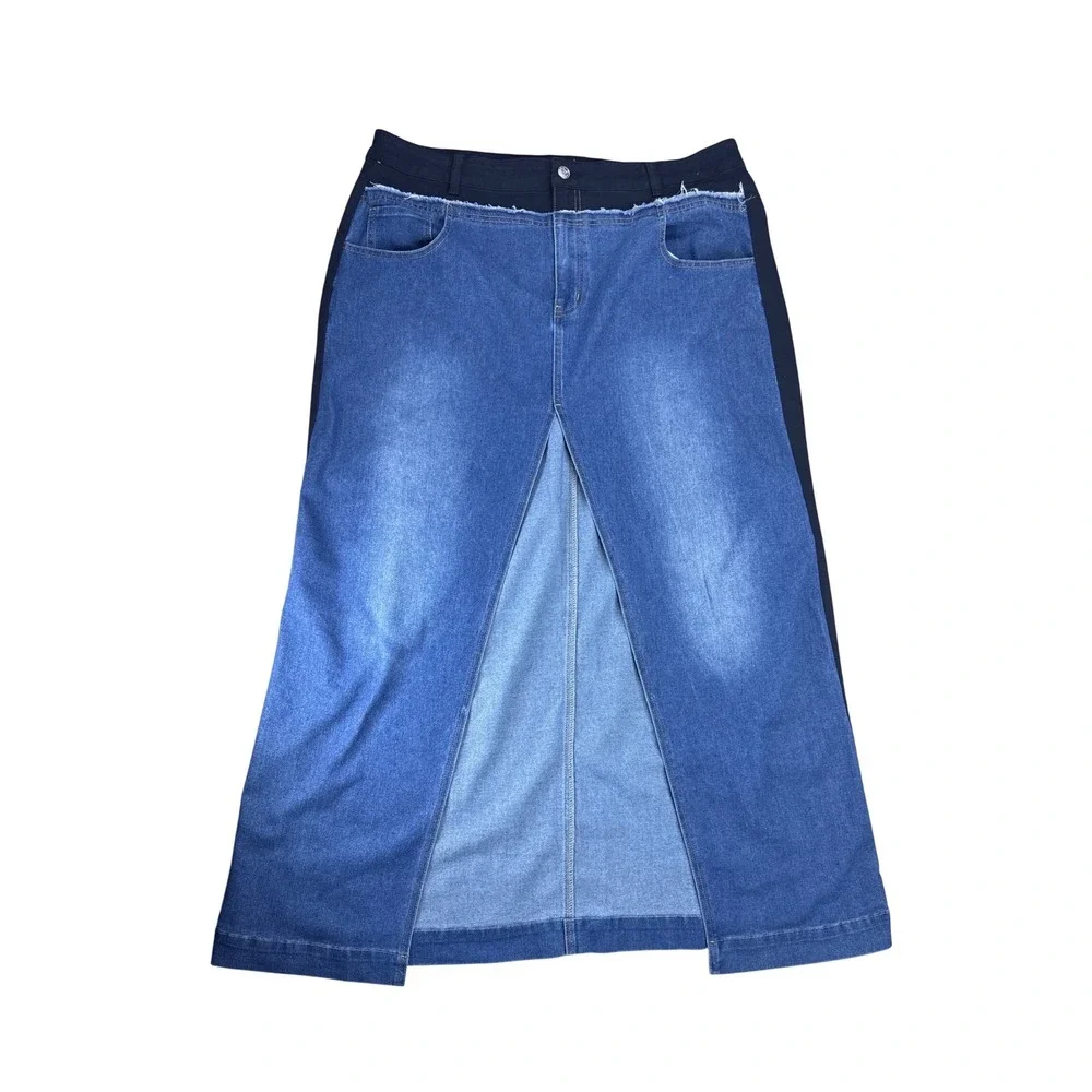 Akira Mixed Media Denim Maxi Skirt Blue Black High Slit Plus Size‎ 1X